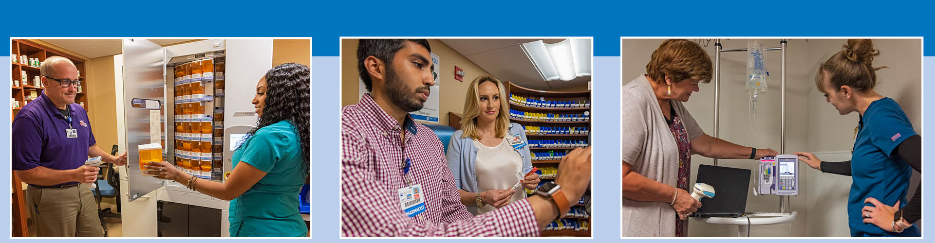 Collage of three pictures with team members working in pharmacy.