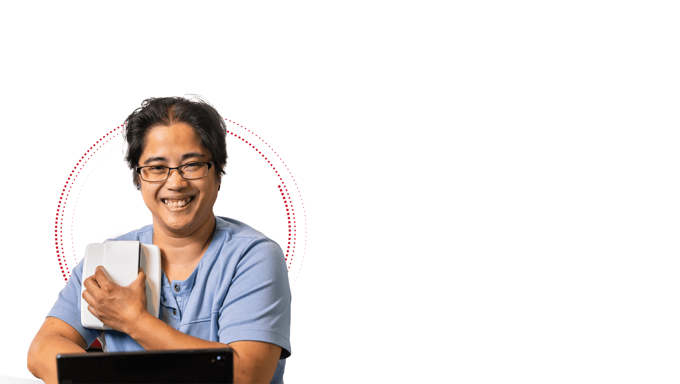 Patient seated using Cordella by holding the sensor over their chest.