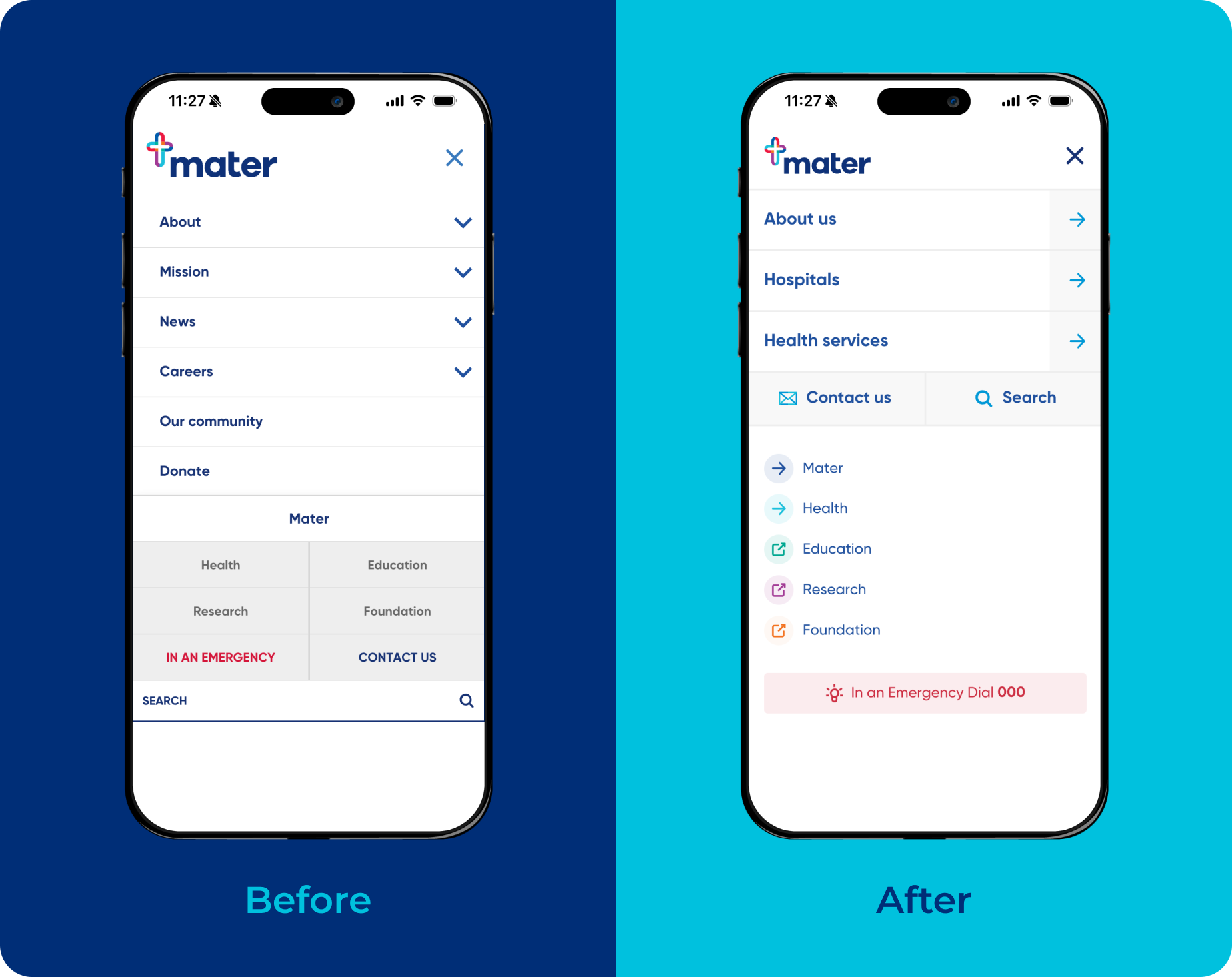 Visual example of the Mater website before and after rebuild