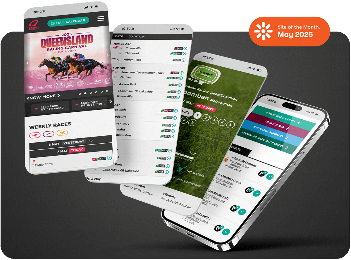 Mockup of the Racing Qld website on mobile screens with the Kentico Site of the Month badge