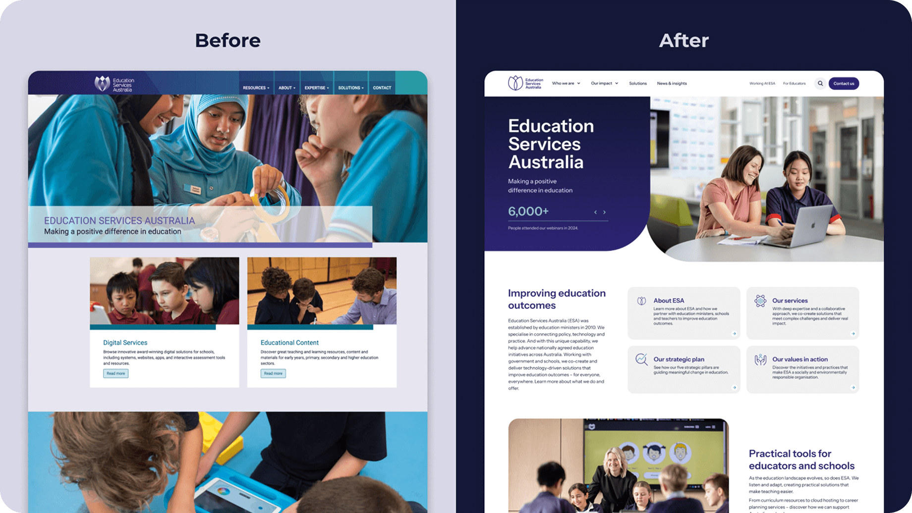 Before and after image of the ESA website rebuild