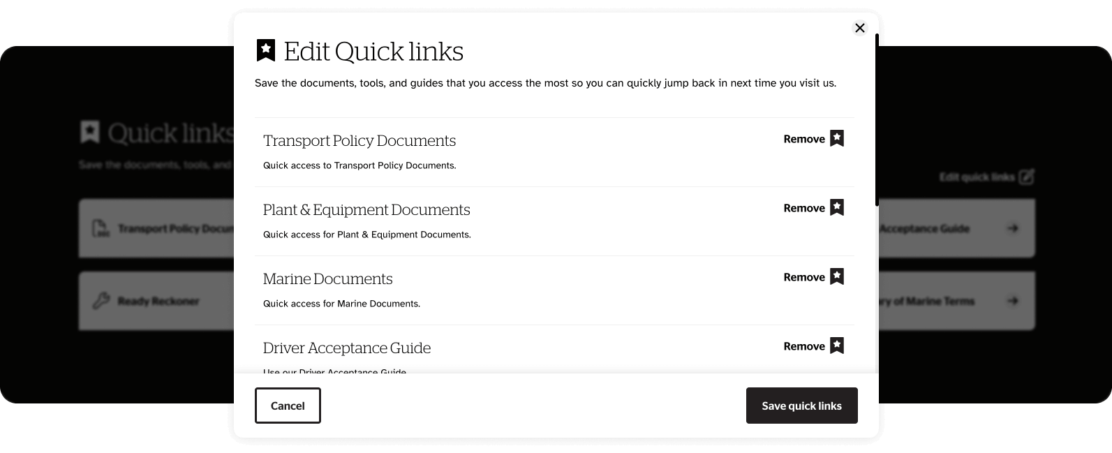 Screenshot of the Broker Hub quick links being edited
