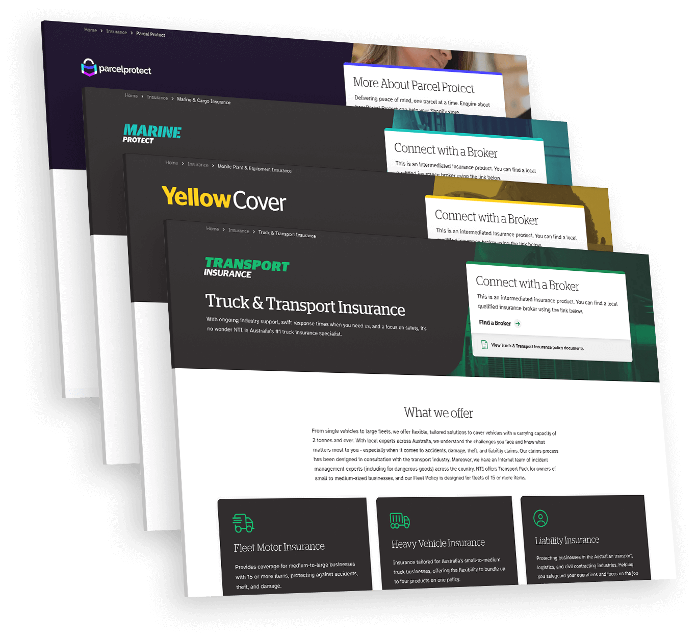 Multiple website screens showing NTI's different specialty product offerings