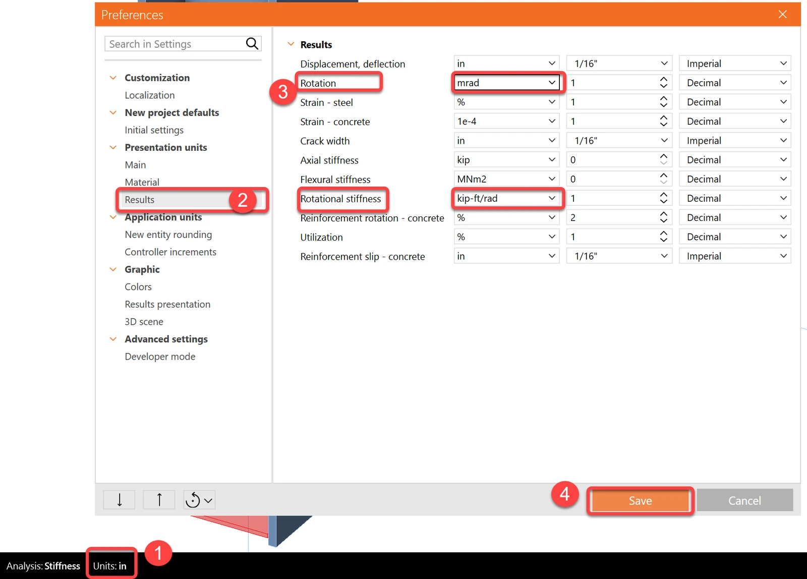 Change results units for stiffness analysis