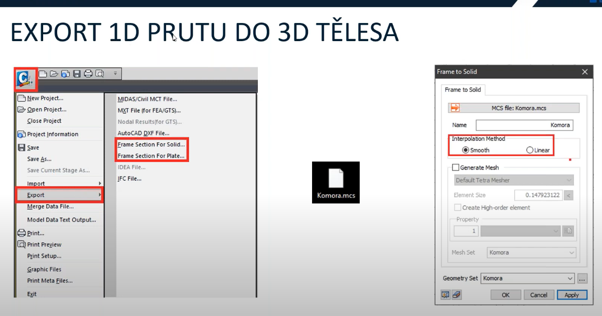 Export 1D prvku do 3D tělesa