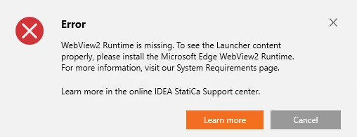 Error message - WebView2 Runtime is missing
