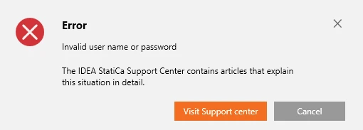Messaggio di errore – Nome utente o password errati
