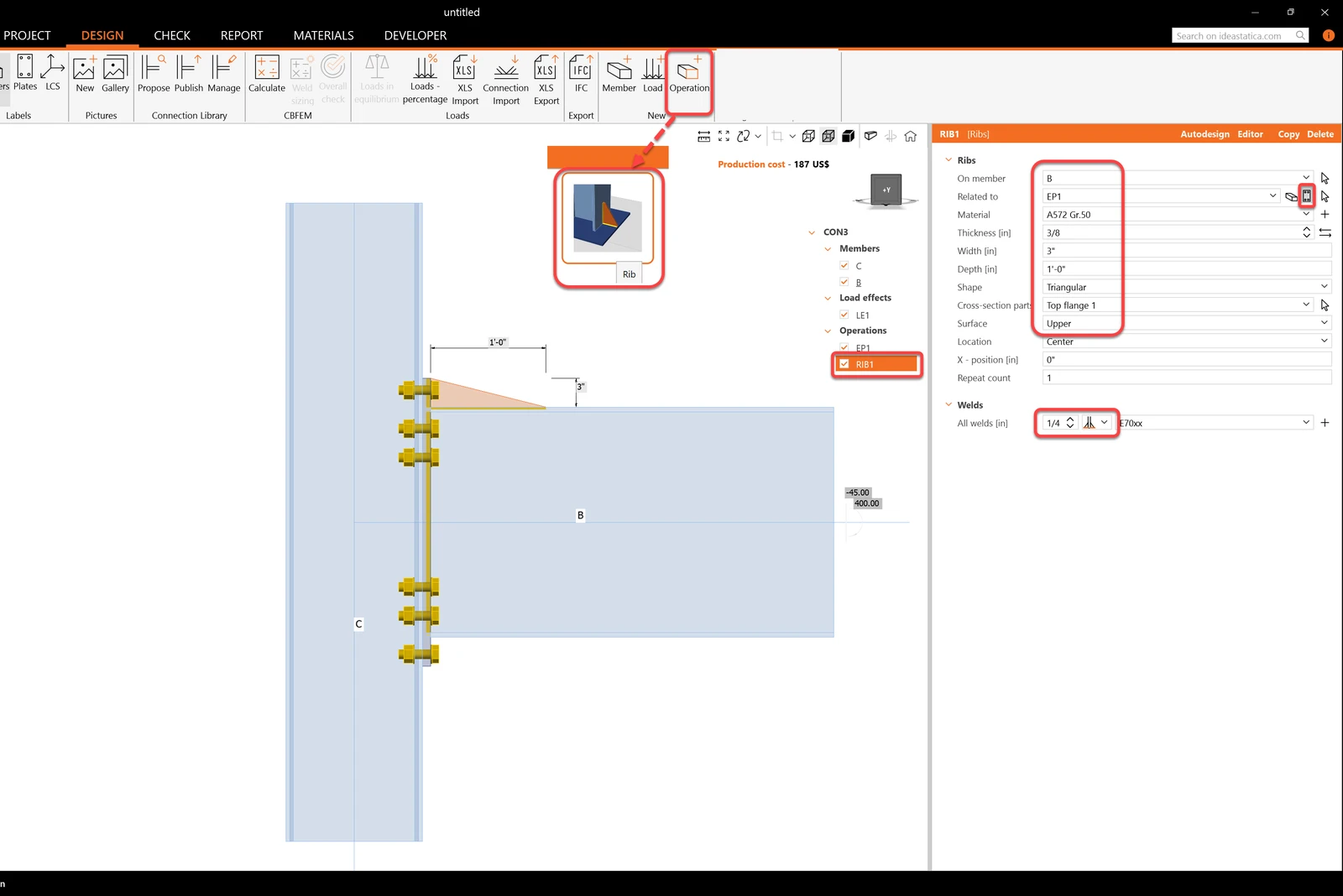 Add a rib operation in a beam and end plate