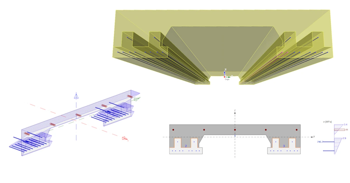 This model presents an advanced design of a Concrete Composite Prestressed Slab with a total length of 3.55 meters. It includes detailed calculations of the construction stages, incorporating time-dependent analysis (TDA), and a comprehensive code check. The design adheres to EN standards and was developed using IDEA StatiCa BEAM.