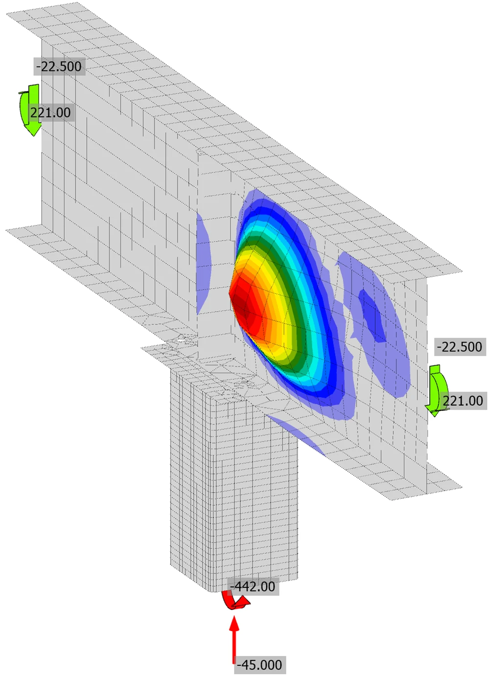 Buckled shape for beam-over-column connection with a W18X40 beam with web thickness overridden to 0.2 in.