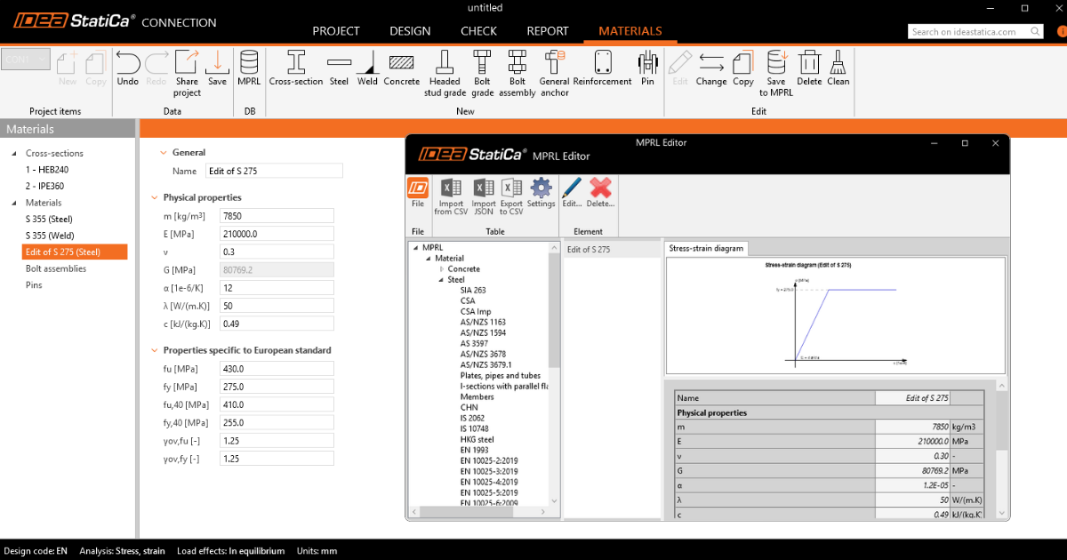 User-defined materials and cross-sections: Material and Product Range Library (MPRL)
