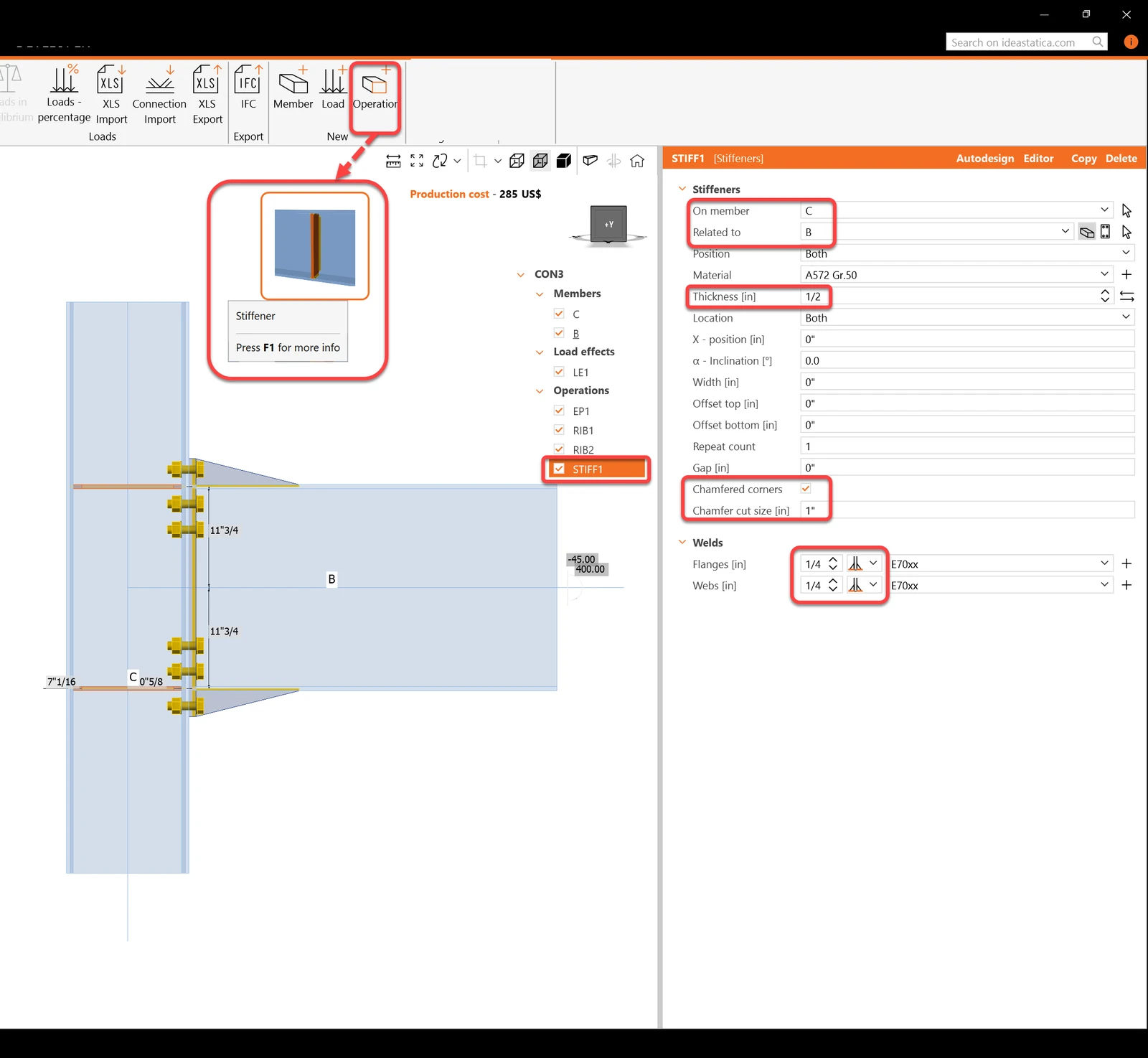 Add stiffener operation in a column