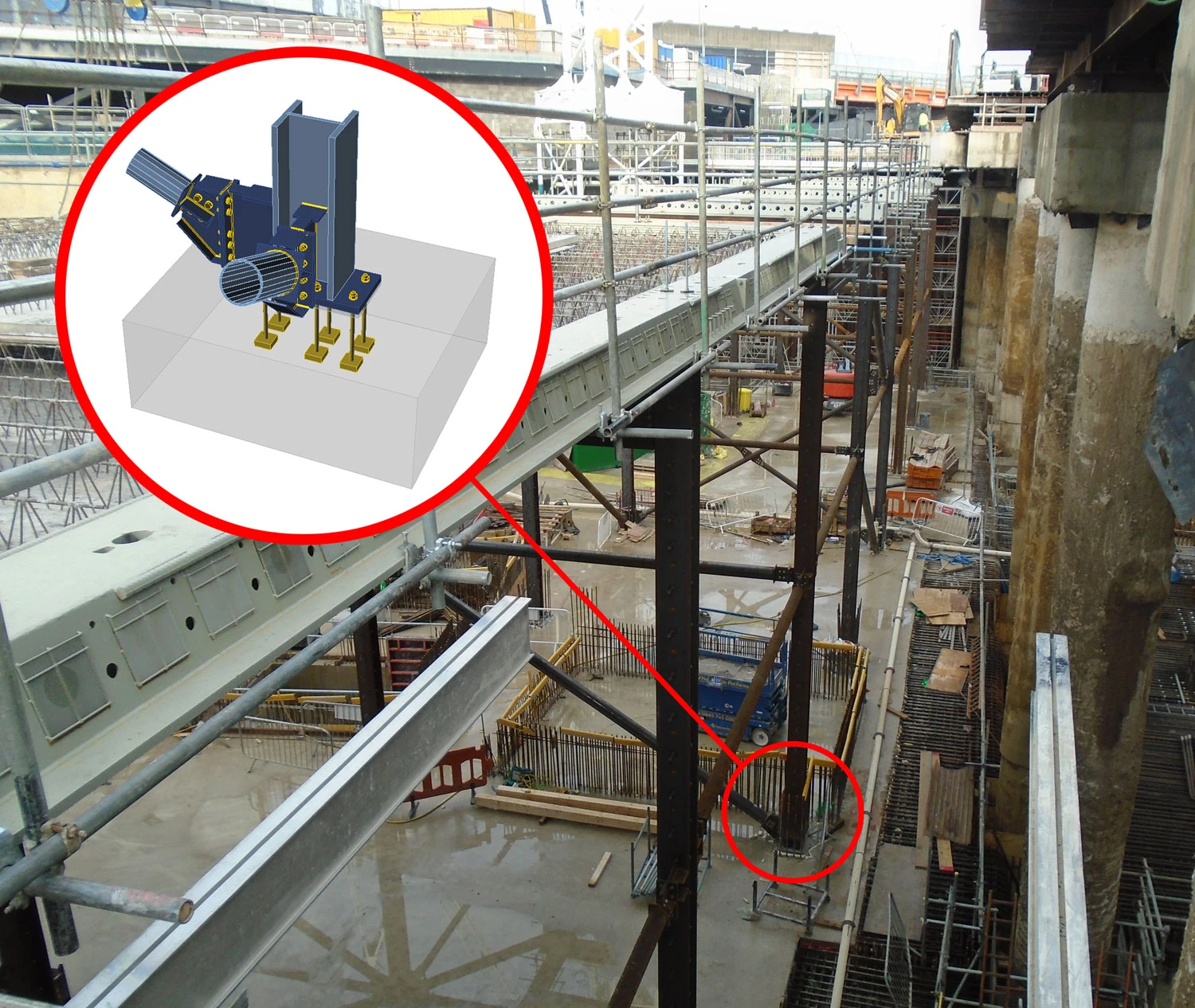 Complex base plate with rebars passing through