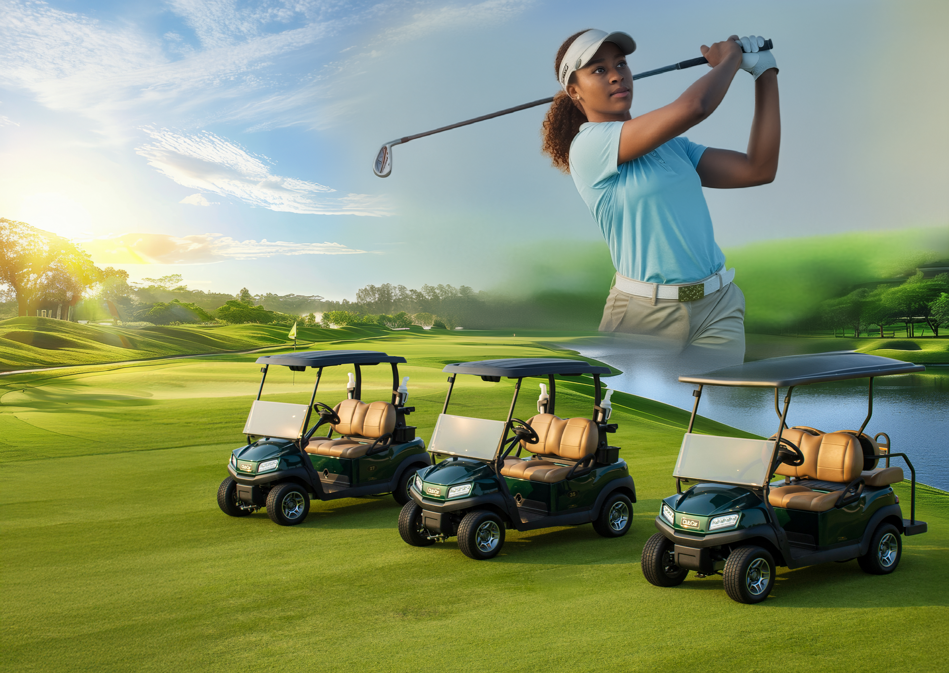 3 Club Car golf carts on a golf course with a woman swinging a golf club overhead