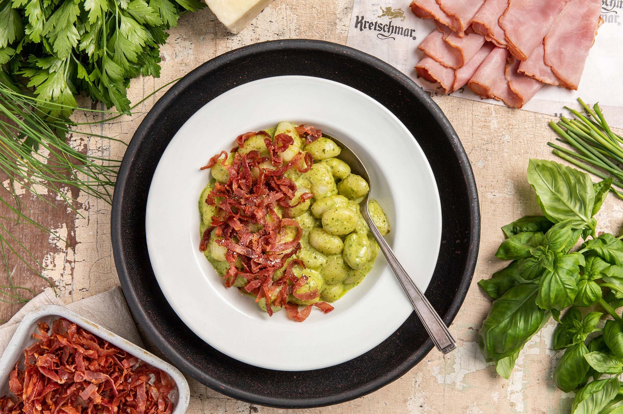 Pesto Gnocchi With Crispy Ham