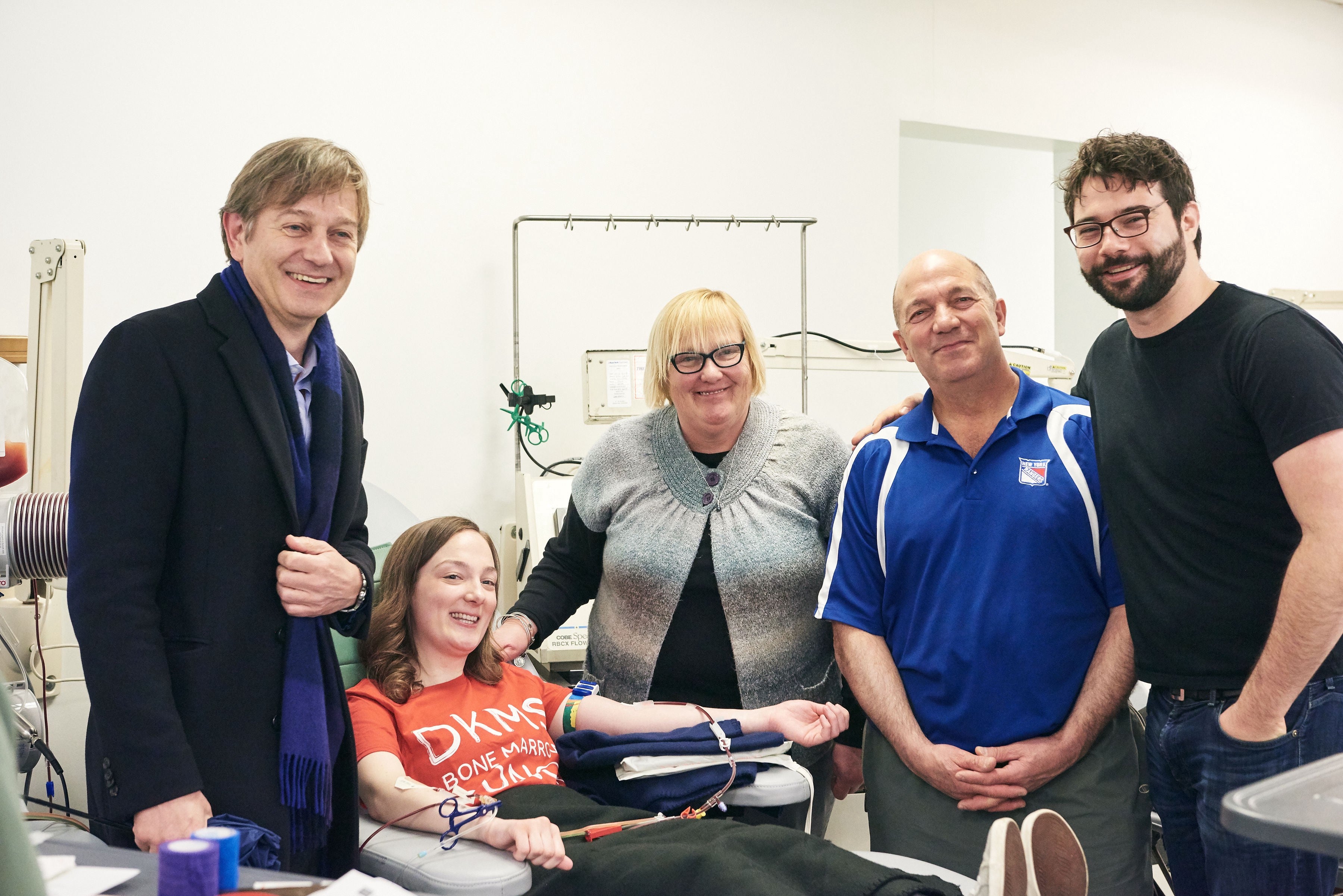 Dr. van den Brink (far left) and my mom and dad were with me during the donation. Jack Kirkland (far right) from DKMS also dropped in to see how I was doing.