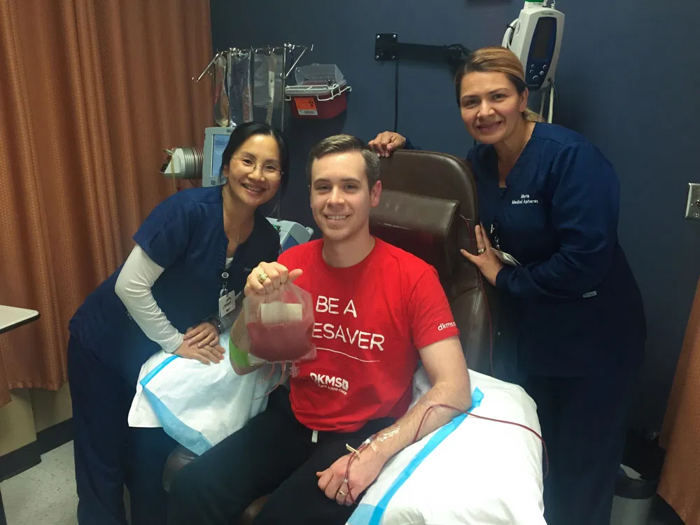 Nick, after his peripheral blood stem cell donation, showing the millions of lifesaving blood stem cells that were collected during his procedure.