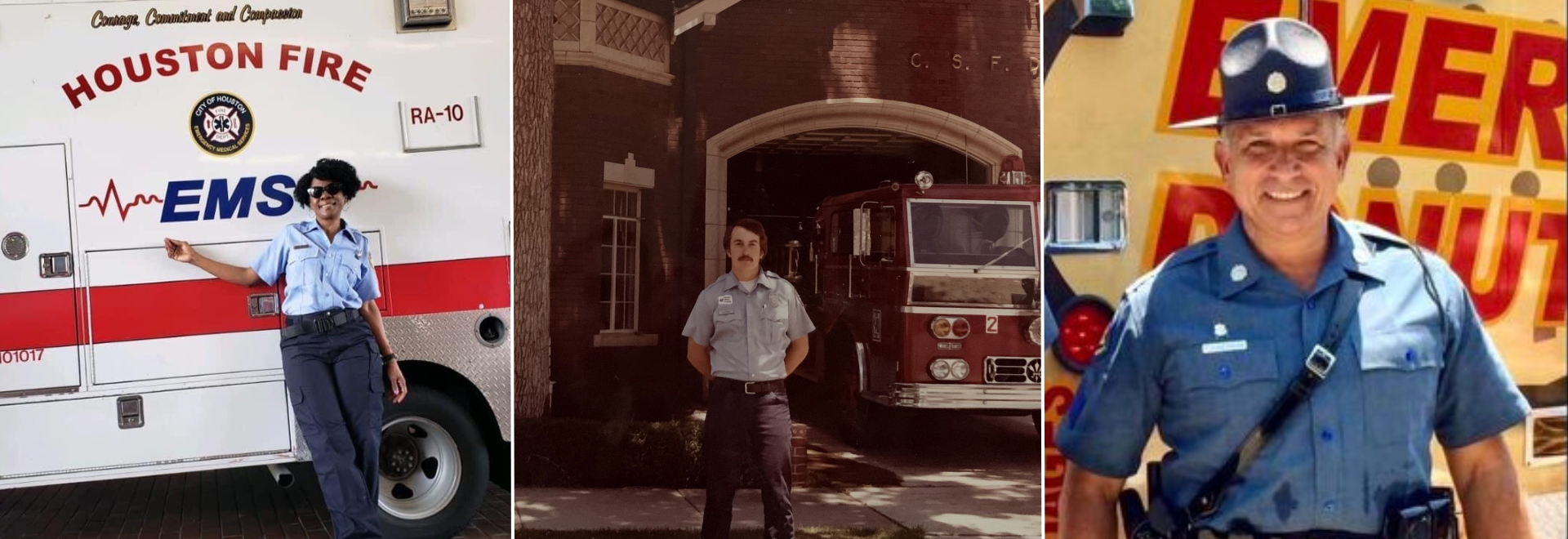 DKMS patient Yolanda Lee wearing an EMT outfit standing in front of a Houston Fire and EMS truck while smiling, next to a picture of DKMS patient Ron Gerding wearing his uniform and standing in front of a fire truck. The 3rd picture in the row is of DKMS patient Cody Fulkerson wearing his state highway patrol uniform and smiling. 
