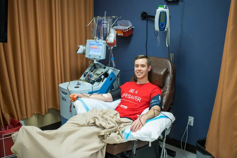 Nick was all smiles when he was e donates his bone marrow via Peripheral Blood Stem Cell donation.