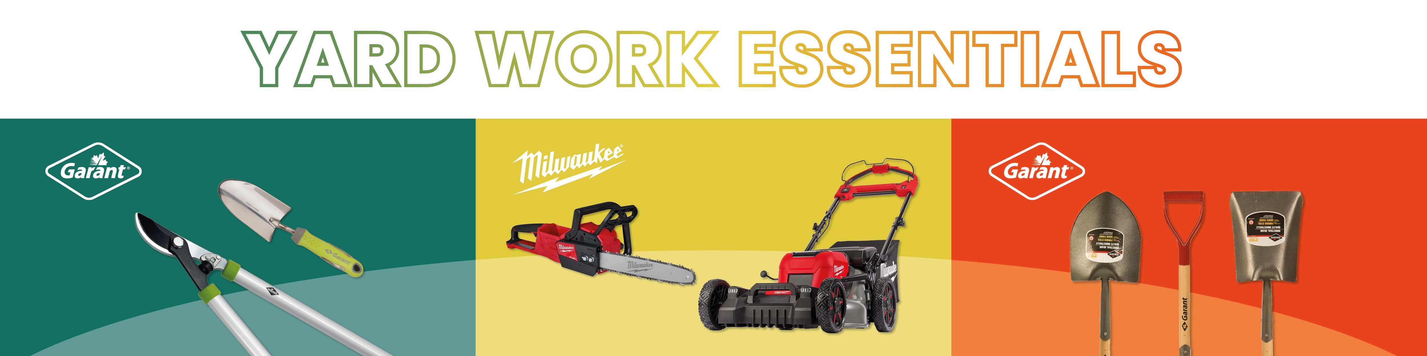 branch cutter and trowel Garant on a green background, chainsaw and lawnmower Milwaukee on a yellow background and shovels Garant on a orange background.