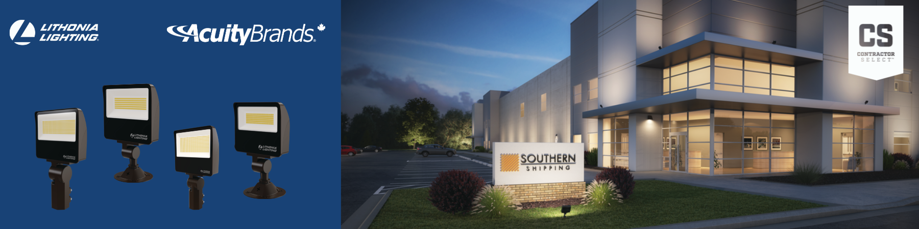 photo d'une devanture de belle maison éclairée avec les produits lithonia lighting