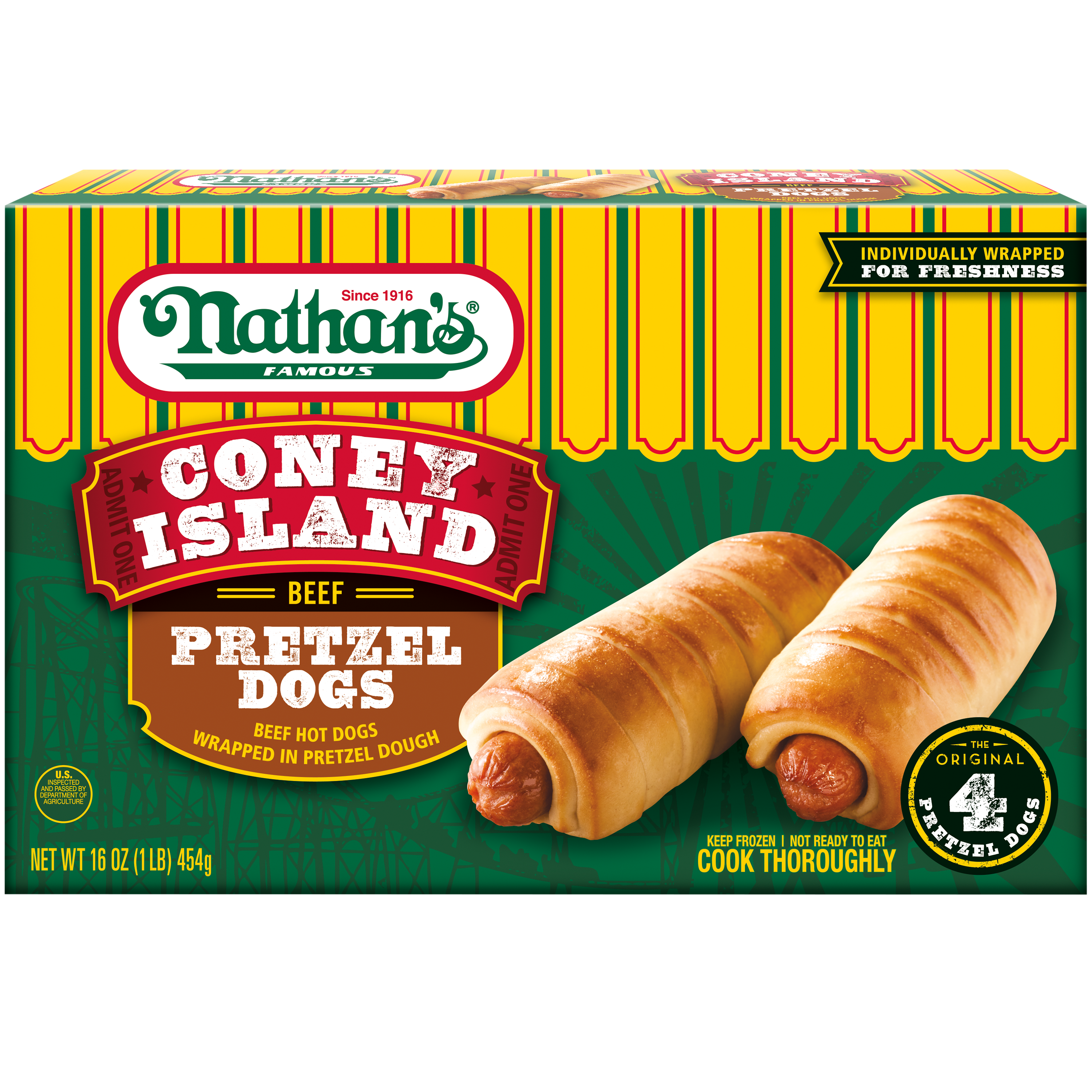 Coney Island Pretzel Dogs, Beef Hot Dogs Wrapped in Pretzel Dough - 4 Pack