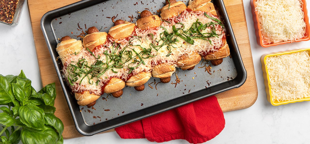 Sheet Pan Cheesy Pizza Pretzel Dogs | Nathans
