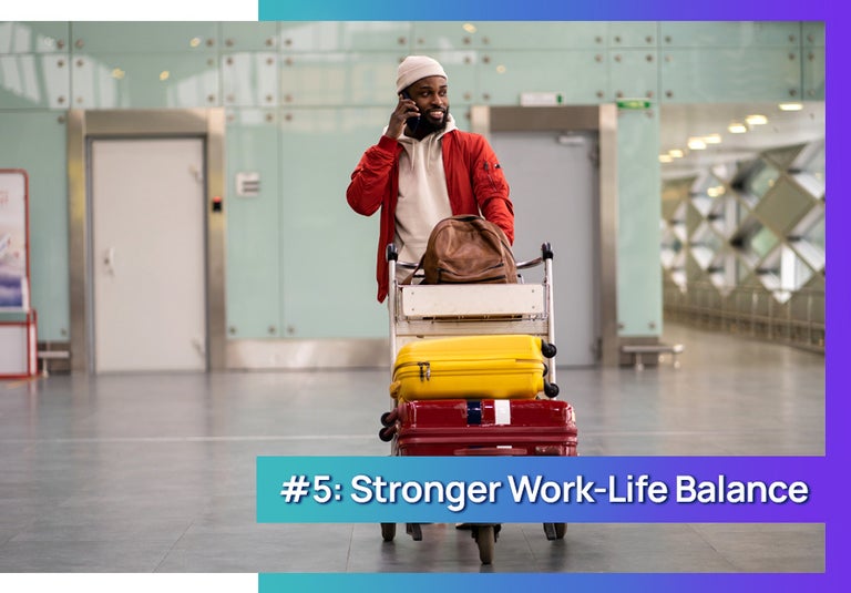 A pro of contract work is work-life balance. Man at airport travelling for work. 