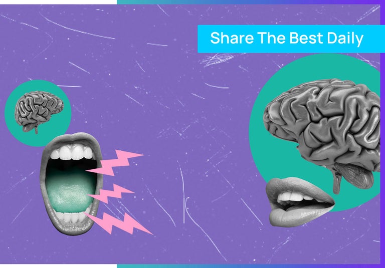 A collage of a woman's mouth and brain