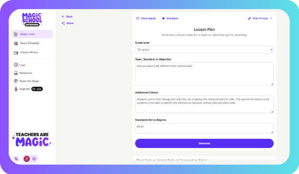Magic School AI’s AI-powered lesson planner interface.