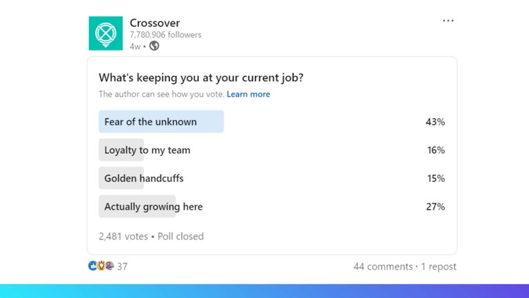 Crossover poll on LinkedIn 2026, What's keeping you at your current job?