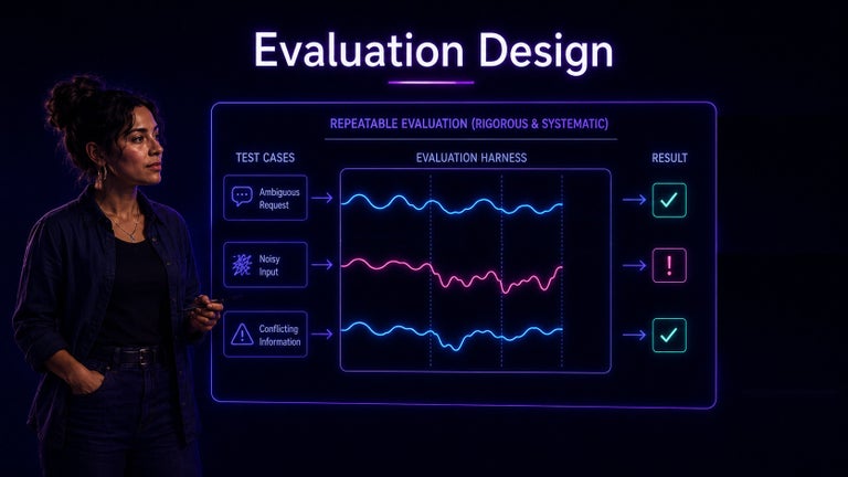 Diagram of an evaluation harness running varied test cases against a fixed ‘must clear’ standard line, shown beside a weaker one-off spot check.