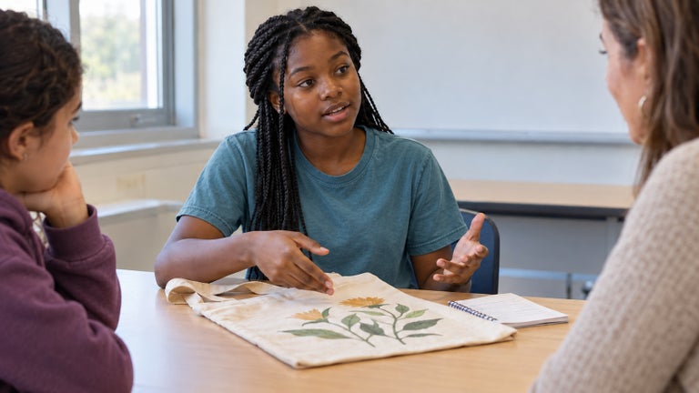 Student in a casual teal T-shirt discussing a handmade tote bag with a classmate and an adult.