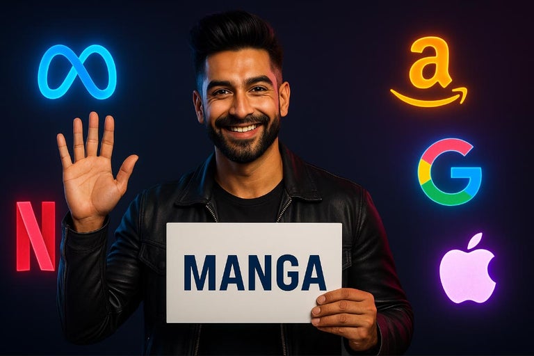 A man holding a sign that says MANGA. Tech company culture. 