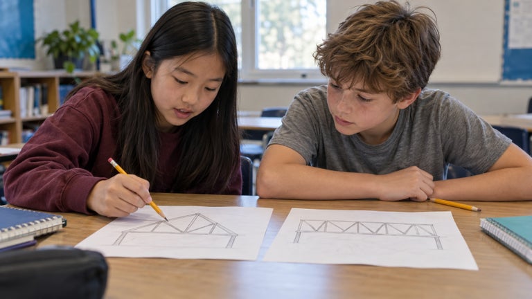 Two students discussing and comparing pencil sketches of bridge designs at a classroom table.