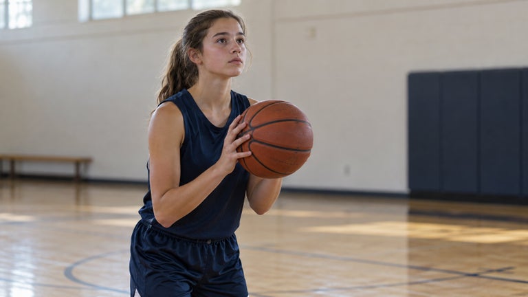 Young basketball player concentrating with a ball held in both hands in a school gym.
