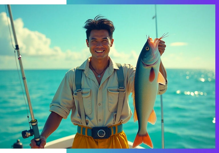 The art of avoiding job catfishing and being authentic. A man stands with a fish. 