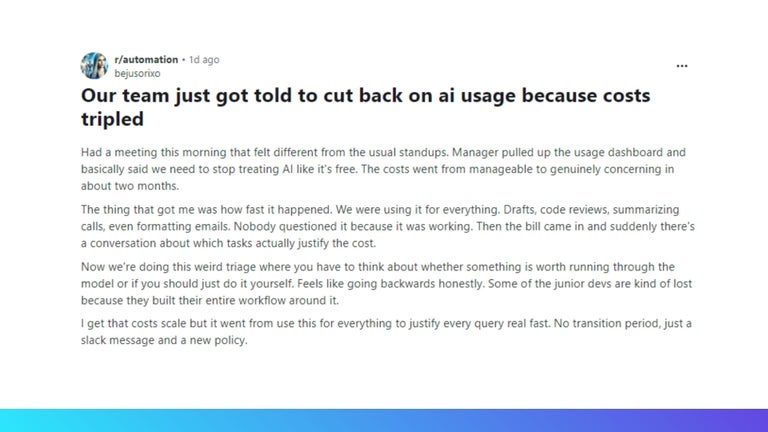 Subreddit /automation a quote about team cutting back on AI usage because of costs. 
