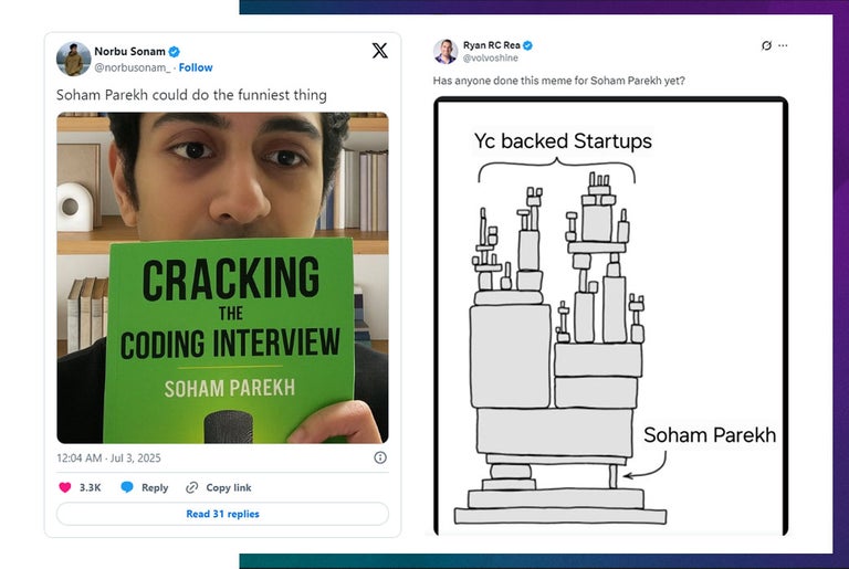 A man holding a green book next to a drawing of a machine - Soham Parekh memes.