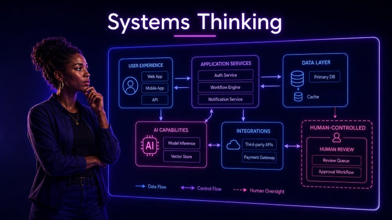 Engineer studying a full system architecture map, with an ‘AI capabilities’ box shown as just one component inside the wider system and a separate human-controlled review zone.