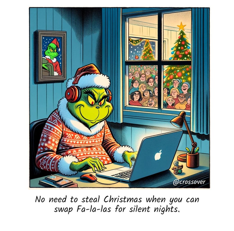 @crossover remote work comics and cartoons #27: The Grinch works remotely. 