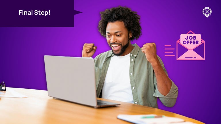 Crossover job offer, a man celebrates the final step being invited to do a pccat. 