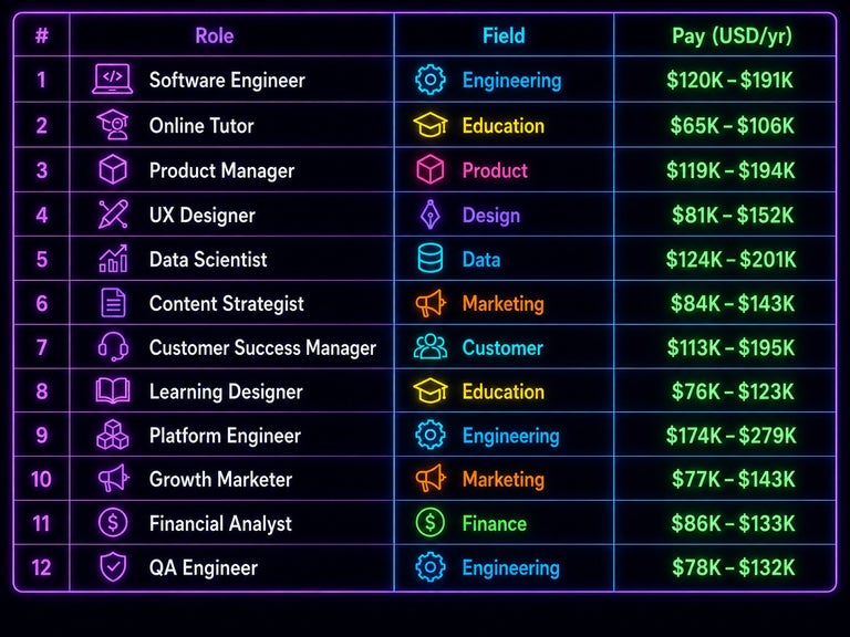 Summary table of the 12 best digital nomad jobs by field and average pay (USD/yr).