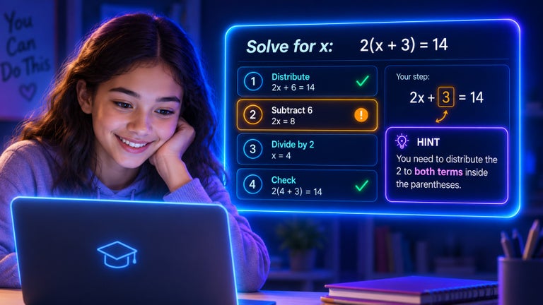 A student works on an algebra problem in a learning app. The app identifies an incorrect step in solving 2(x + 3) = 14 and immediately provides a targeted hint explaining that the 2 must be distributed to both terms inside the parentheses.