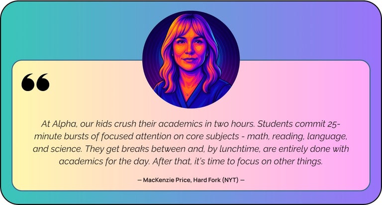 “At Alpha, our kids crush their academics in two hours. Students commit 25-minute bursts of focused attention on core subjects - math, reading, language, and science. They get breaks between and, by lunchtime, are entirely done with academics for the day. After that, it’s time to focus on other things.” — MacKenzie Price, Hard Fork (NYT)