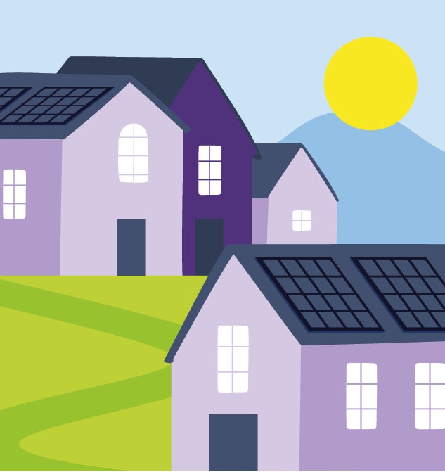 Cartoon houses with rooftop solar panels on a sunny day