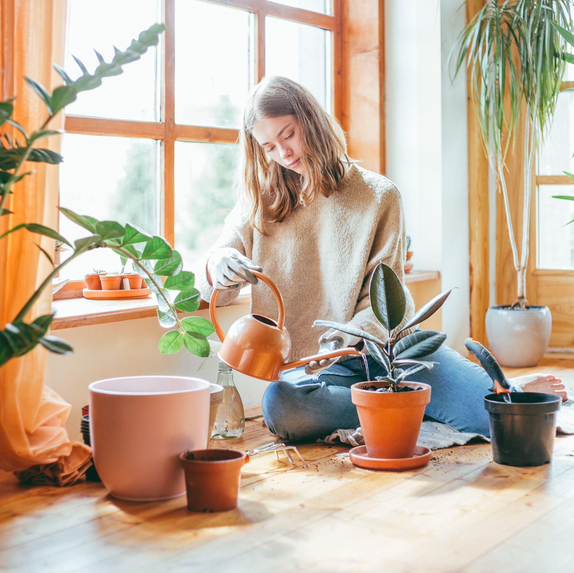 Candid portrait of woman watering her plants.