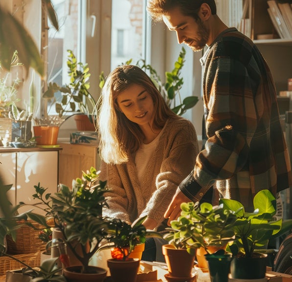 Two people tending to potted plants in a bright indoor space with sunlight streaming through a window.