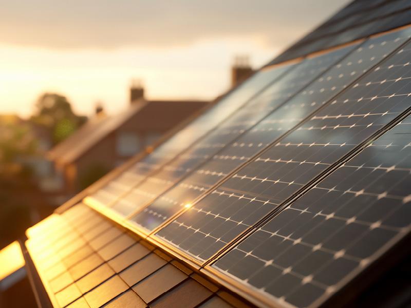 Solar panels installed on a residential rooftop at sunset, generating clean renewable energy for an Irish home