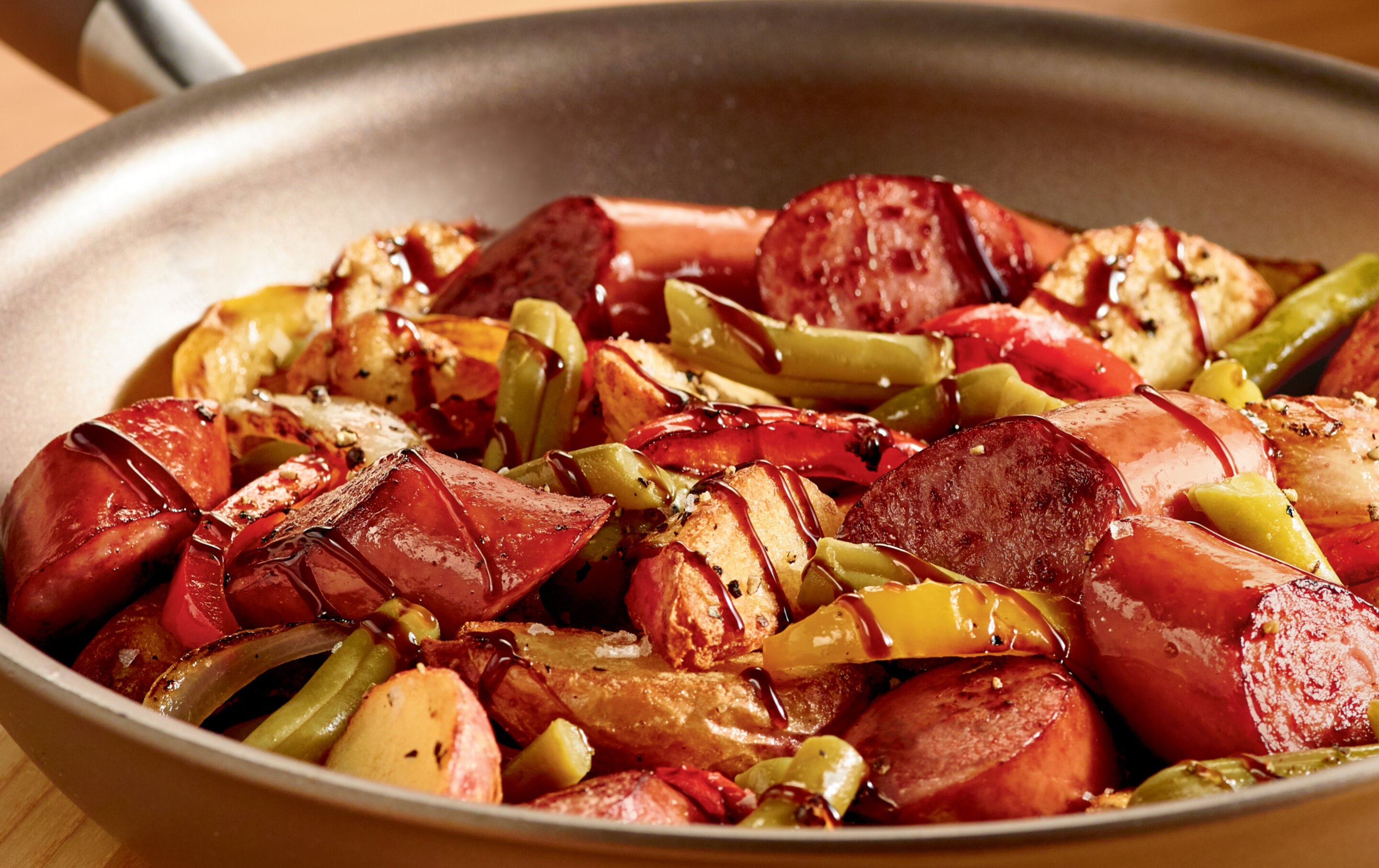 Smoked Sausage Green Bean Potato Skillet with Balsamic Glaze